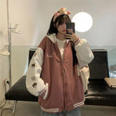 Bear Sleeve Printed Hooded Baseball Jackets